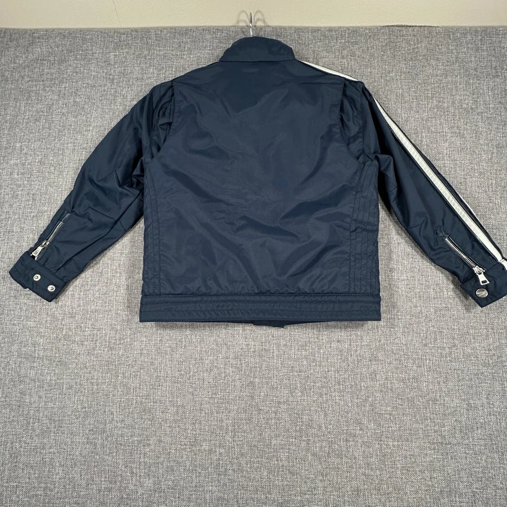 Jaguar Moto Jacket Kids Size 5/6 Navy Blue Racing Stripe Buckle Neck Cafe Racer